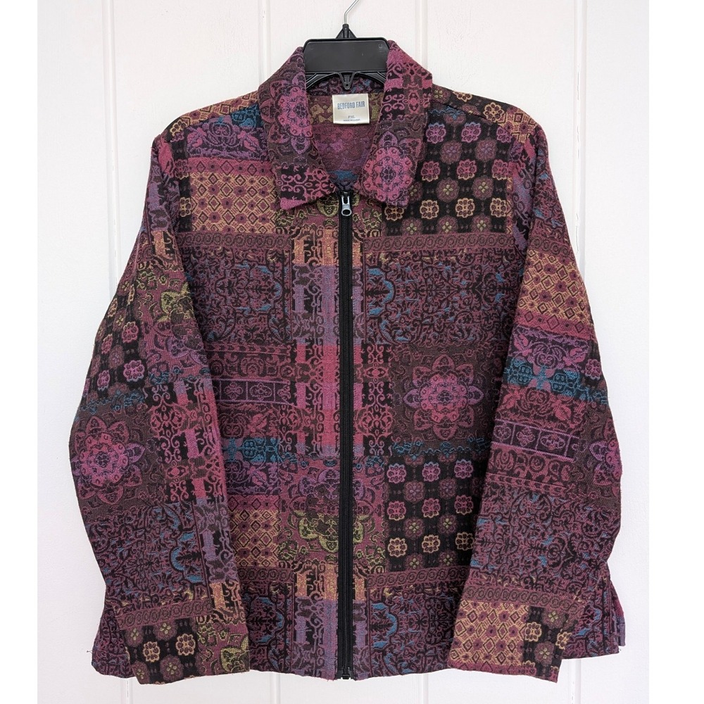 Bedford Fair Tapestry Jacket Womens PXL Patchwork Boho Zip Front Vintage Style